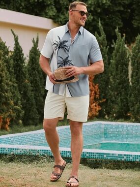 Light Blue Palm Print Camp Shirt - Short Sleeve